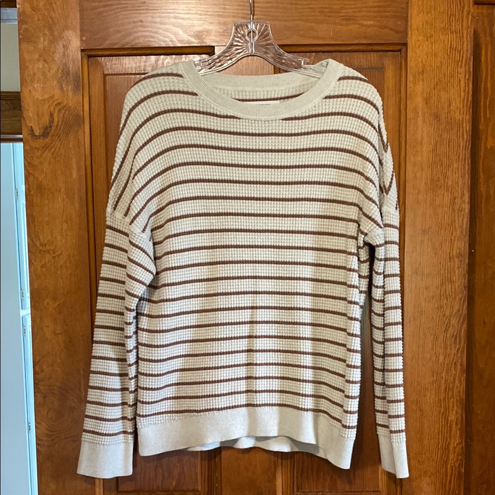 REI Striped Cream and Brown Women's Waffle Sweater